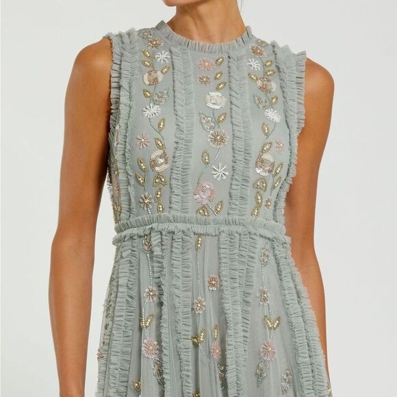 MAC DUGGAL  9360 Green Floral Mesh Sleeveless A Line Micro Ruffle Gown Dress - Picture 3 of 14